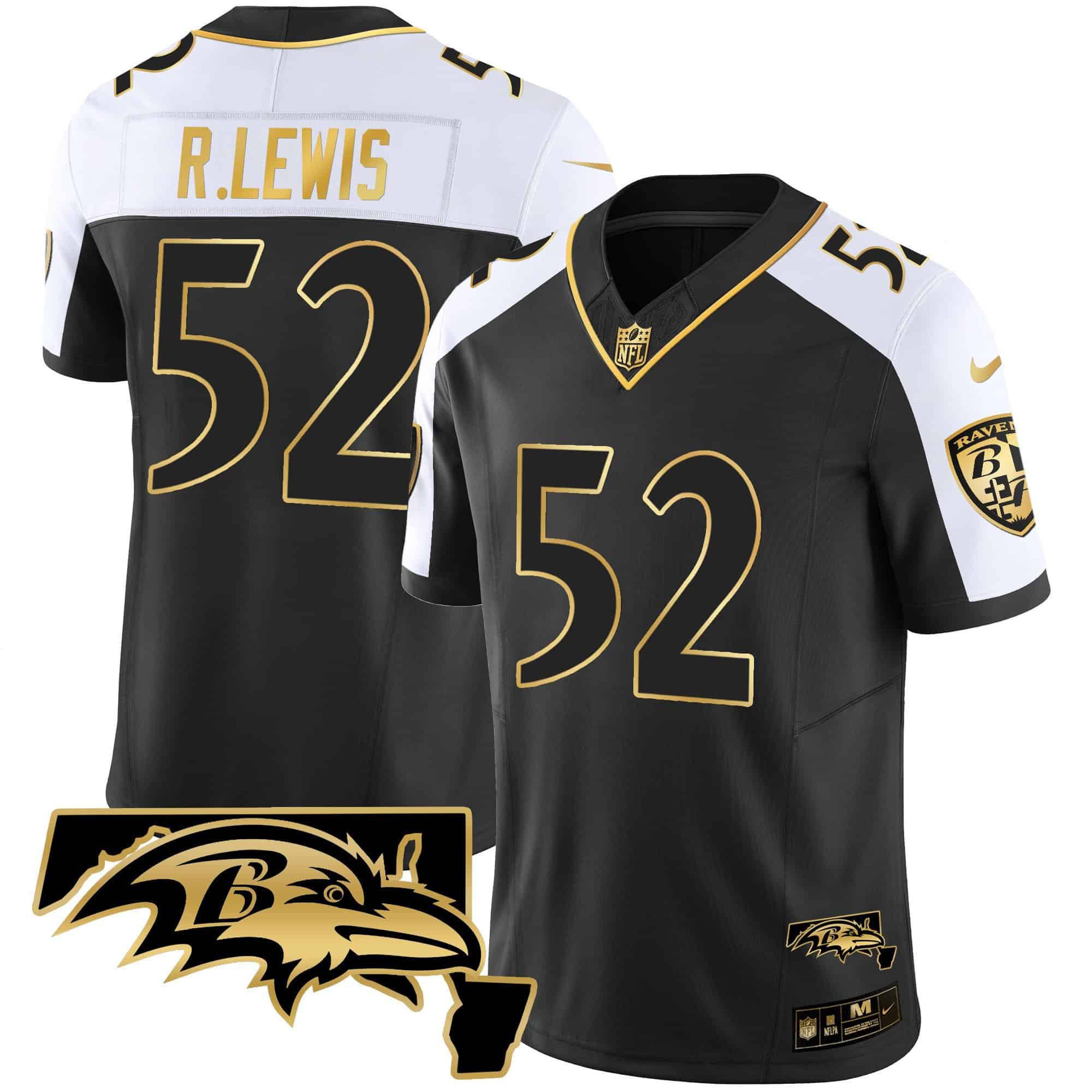 Men Baltimore Ravens #52 R.Lewis Black Gold 2024 Nike Maryland Patch Vapor Limited NFL Jersey